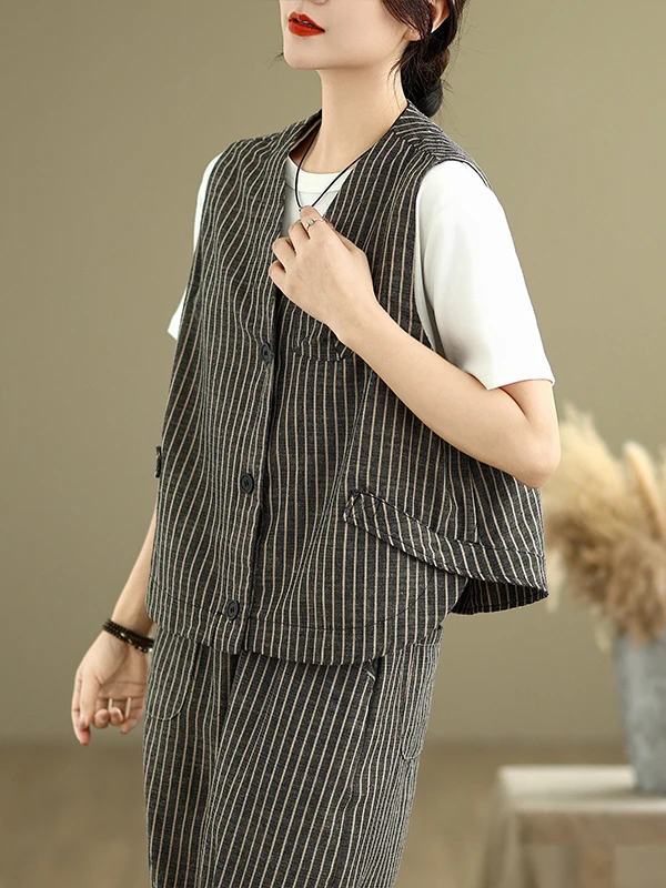 Casual Cotton Linen Stripe Set Loose Svel Vest Harlan Pants Two Piece Set Summer Faion Women's Ensemble V Ne Overhead