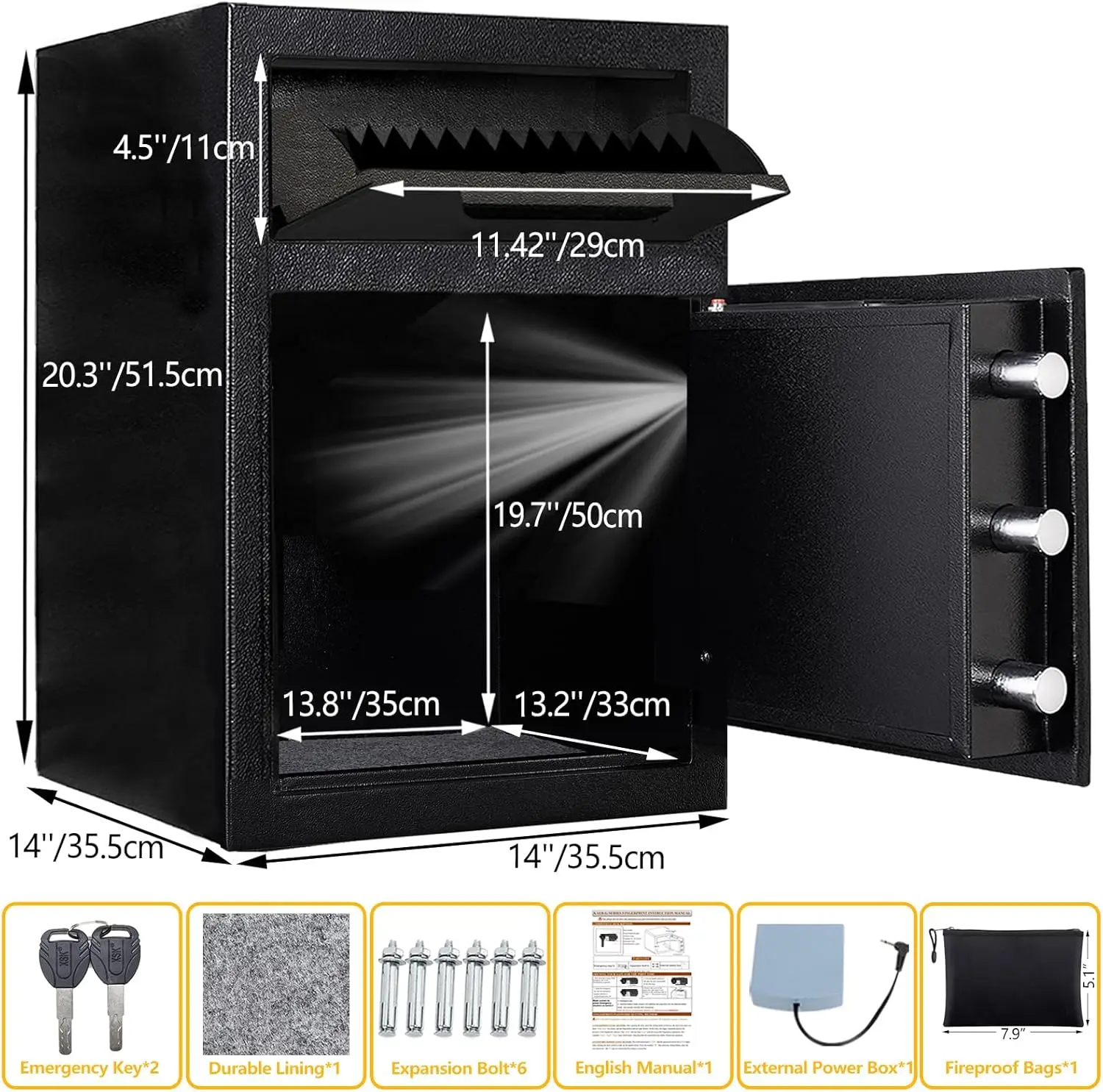 2,6 CUB Depository Drop Safe Feuerfest, Front Drop Slot Lock Box mit digitaler Kombination und Anti-Angeln, Silent Deposit Safe