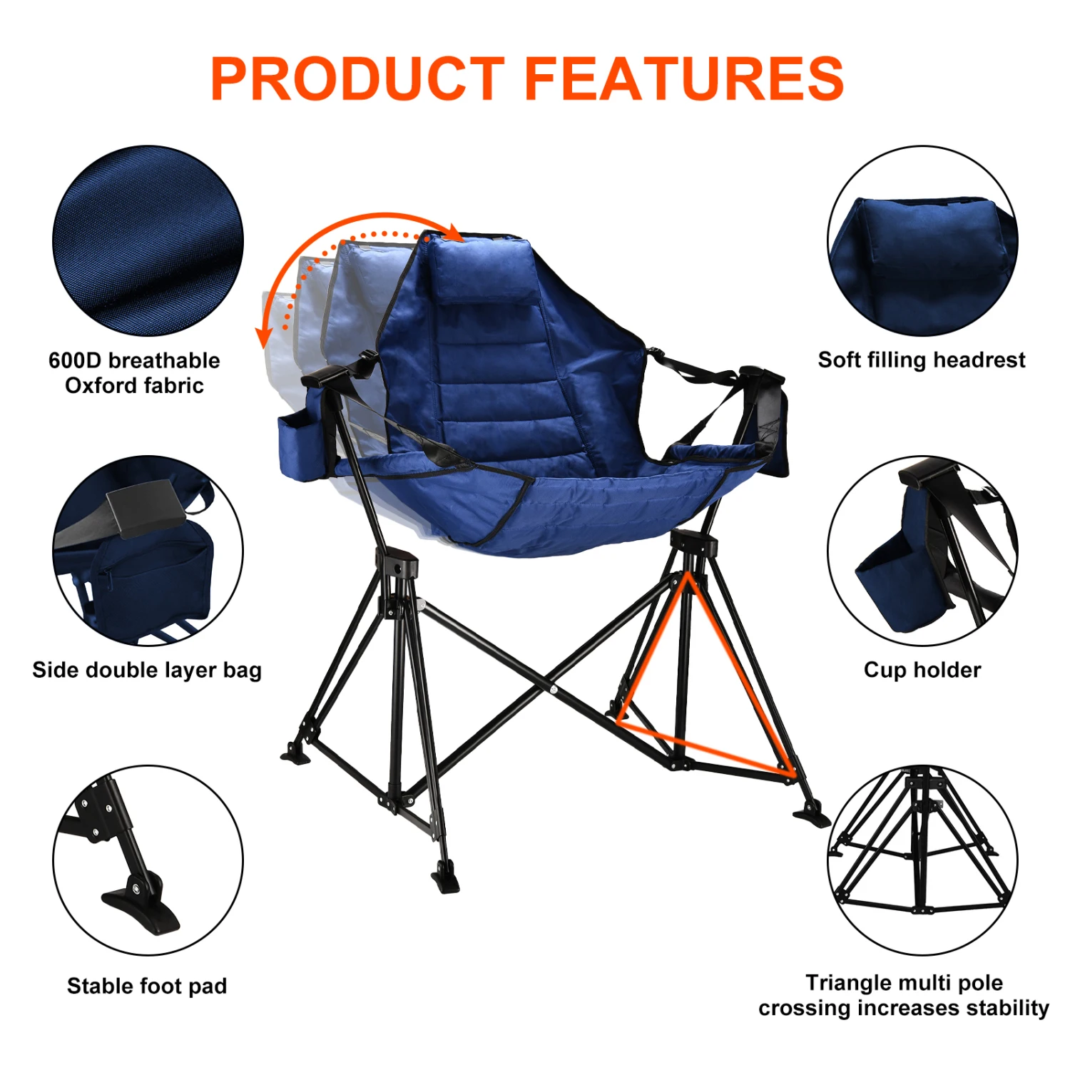 

Hammock Camping Chair Folding 350 lbs Foldable Portable Rocking Chairs for Adults Outside Swinging Camp with Stand Lawn Garden H