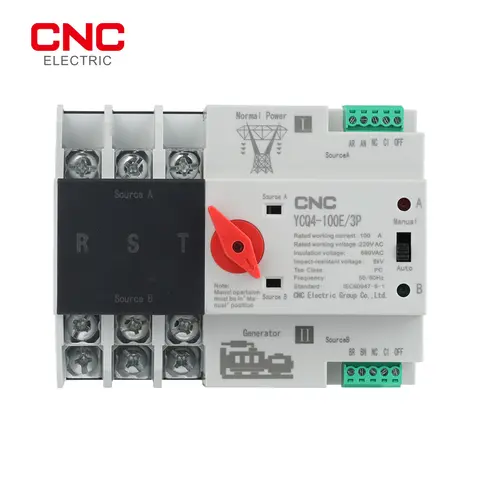 CNC YCQ4-100E/3P 63A/100A Dual Power Automatic Transfer Switch AC 220V 8kA Din Rail ATS Switches Uninterrupted Power