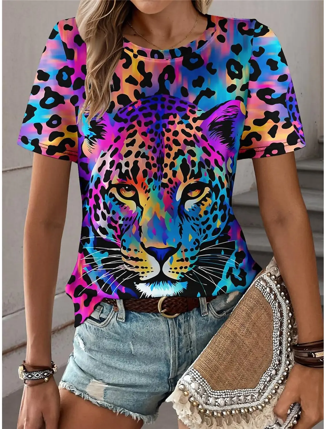 

Latest Colorful Leopard 3D Printed Women Round Neck Tshirt Casual Style Short Sleeved Top Quick Drying Fashion Vacation Clothing