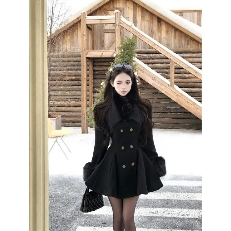 

Корейское длинное шерстяное пальто Fem Winter Faion Bla с меховым воротником и застежкой на талии, женская верхняя одежда Ele