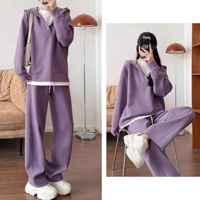 Autumn Women's Sweat Suit Loose Hooded Long-sleeved Pullover Sweatshirts with High Waist Lace Up Pants Two-piece Set Tracksuits