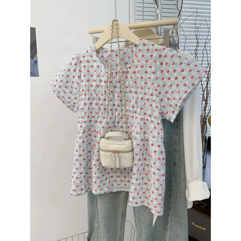 

Women's Sweet Heart Print Blouse, Plaid Round Neck Puff Sleeve Loose Summer Cute Casual Top