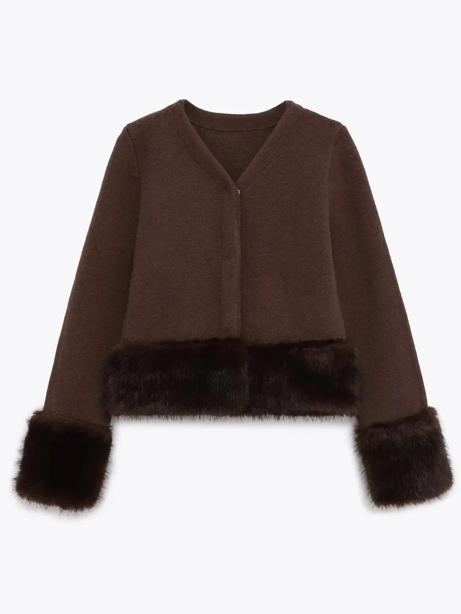 TWOTWINSTYLE مثير الصلبة تقسم الفراء تريكو للنساء الخامس الرقبة طويلة الأكمام Pathwork زر سترة قصيرة الإناث الشتاء نمط جديد #5