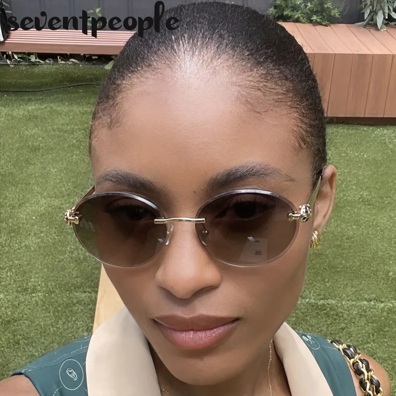 

Oval Rimless Sunglasses Women 2026 Luxury Designer Metal Frame Sun Glasses Fashion Leopard Head Travelling Shades For Ladies