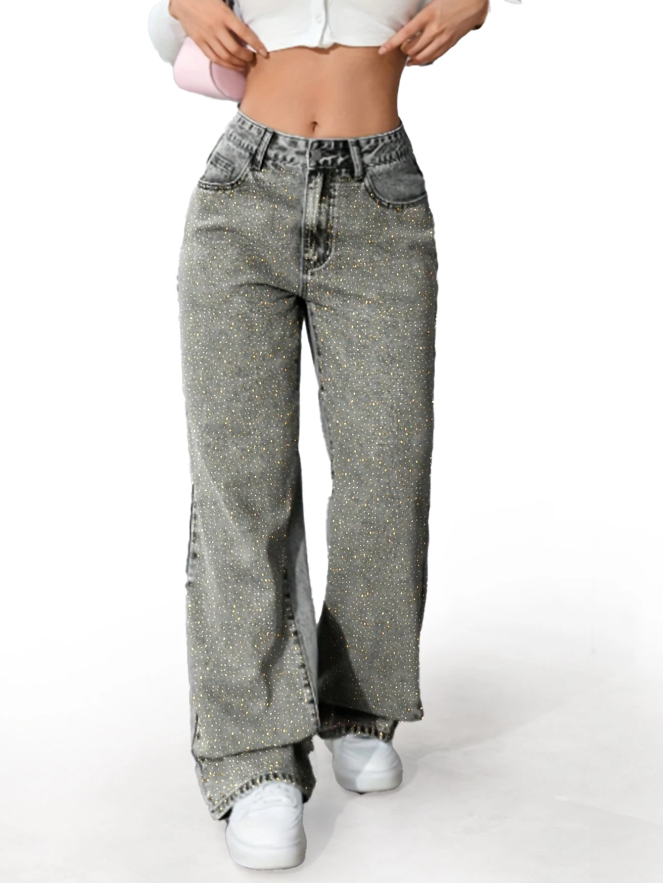 Y2K elegante en stijlvolle damesjeans met volledige strass versierde grijze rechte pijpen, versierd met fonkelende gouden strasssteentjes