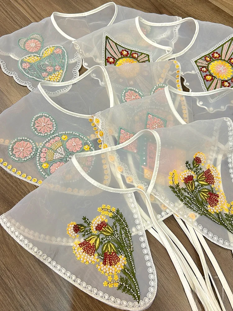 手作りパールレトロショールカラーフェイクネックレススカーフ刺繍漢服ベルト付き衣装古代スタイルの装飾アクセサリー
