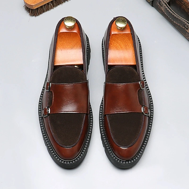Fashion Gentleman PU Leather Men Monk Strap Loafer Shoes Slip On Elegant Men Dress Shoes Double Buckle Strap Mens Shoes