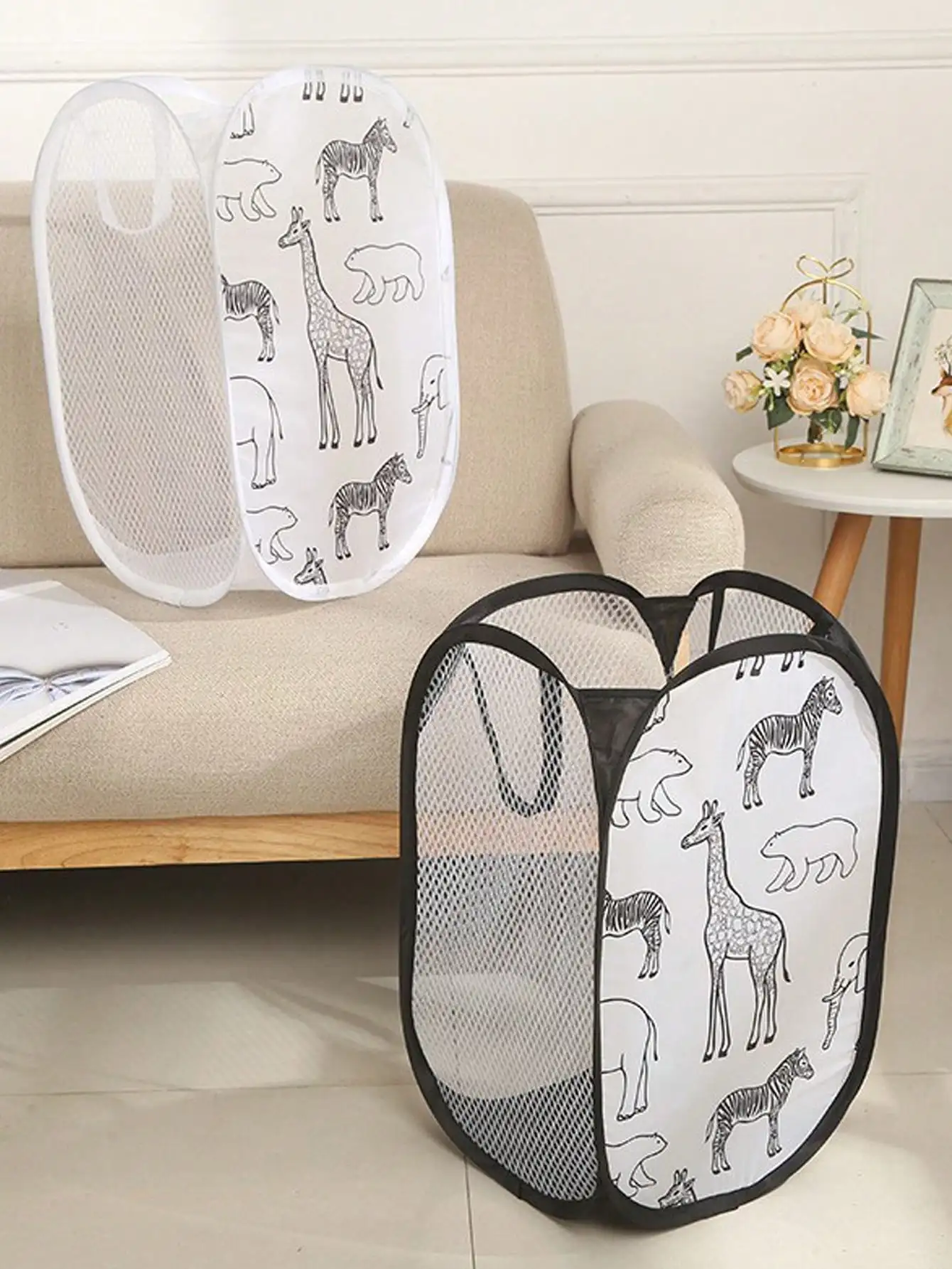 Cartoon Foldable Three-Sided Mesh Dirty Laundry  With Handle Laundry Basket Easy To Open And Fold，Clothes Storage Basket (White)