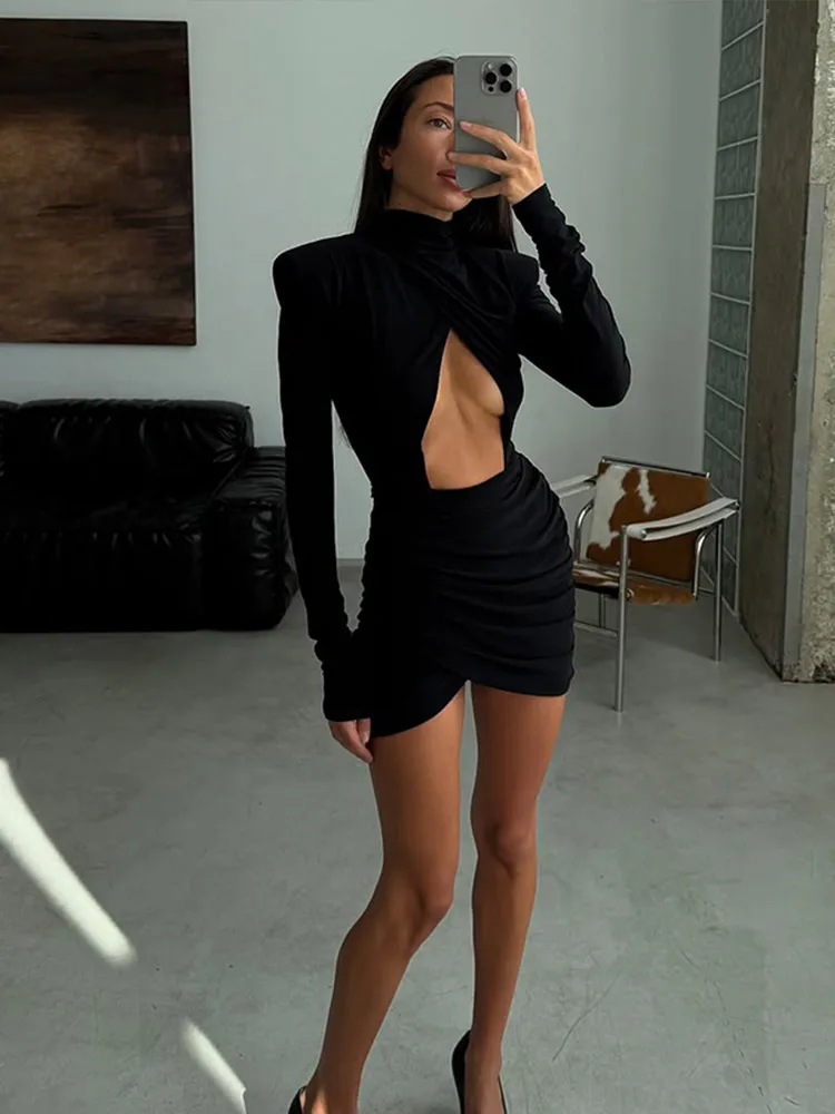 

Сексуальное мини-платье с вырезами и плиссировкой 2026 для женщин, вечернее платье с воротником-стойкой и длинными рукавами, шикарное однотонное облегающее короткое платье