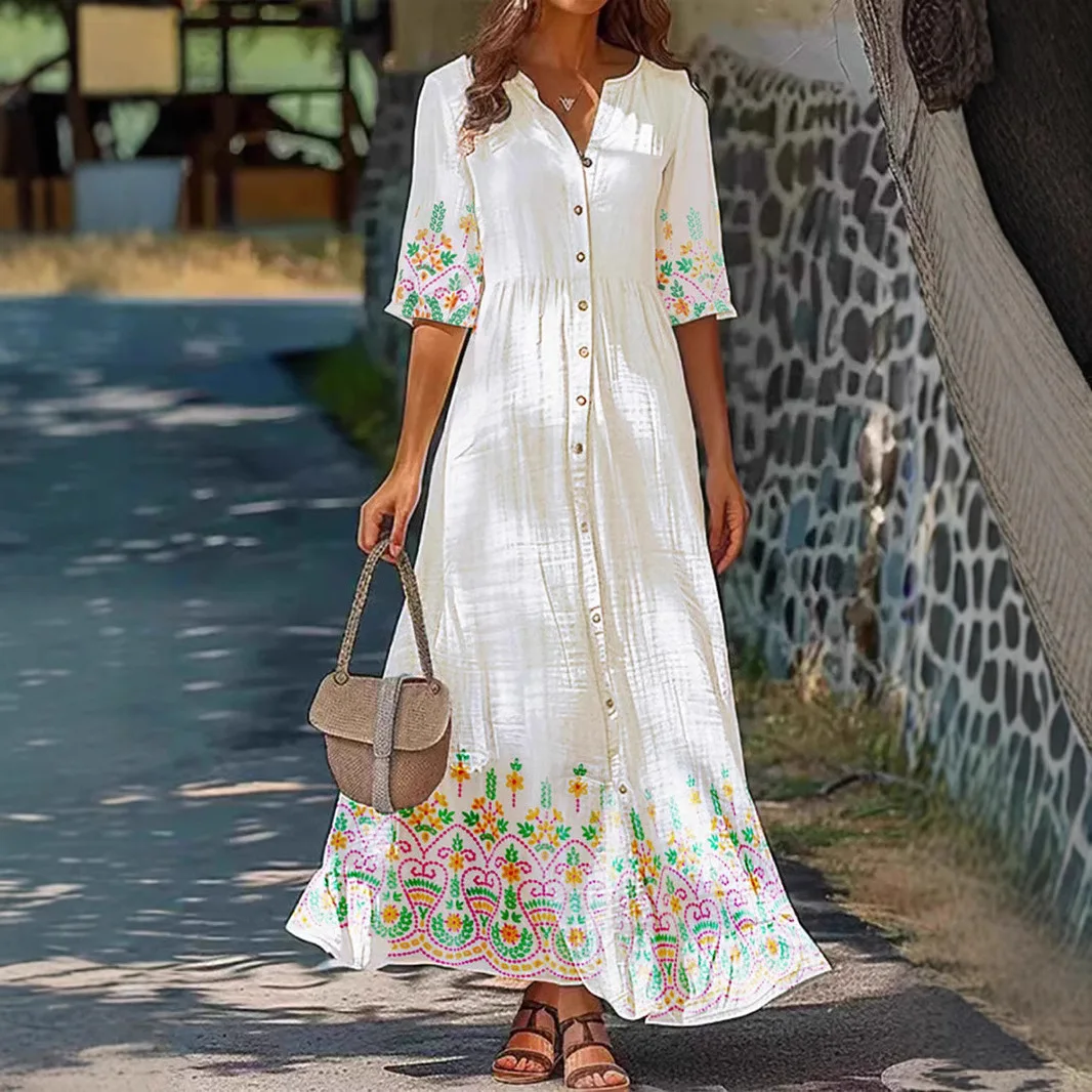 

Bohemian style dress women's five-quarter-sleeved retro floral skirt fashion simple luxury temperament elegant high-end holiday