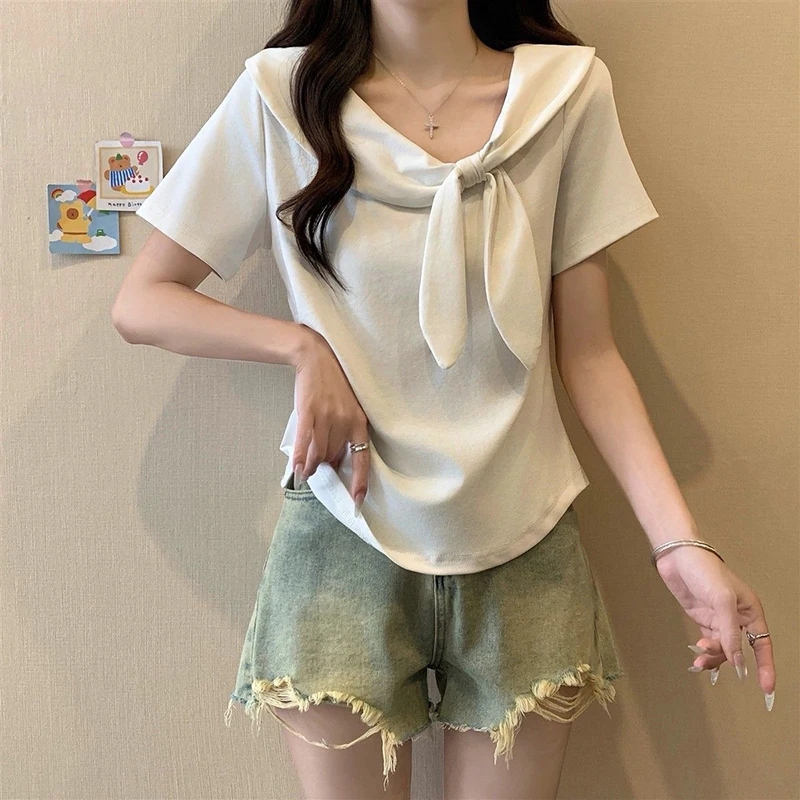 

Summer Women Sailor Collar Short Sleeve T Shirts Drawstring Bow Irregular Slimming Fashion Harajuku Simple Loose Tops Tee White