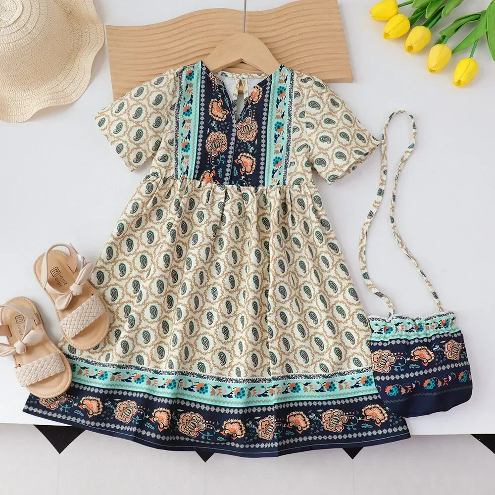 Girls Casual Dresses Summer New Fashion Kids Clothes 4-7 Years Short Sleeved Flower Print Dress+Bag Children's Clothing