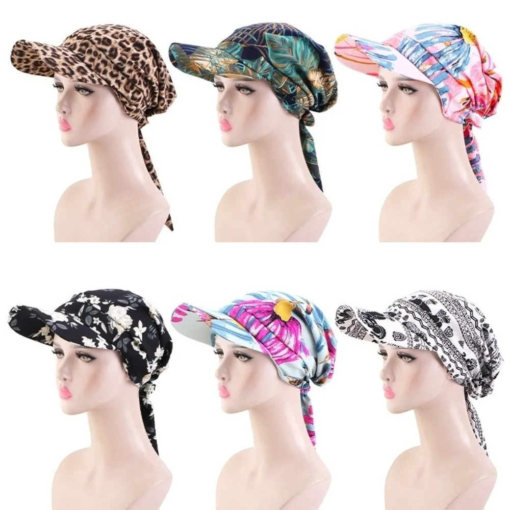 Trendy Vintage Baseball Cap with Brim Printed Design Bandana Hat Breathable Strappy Turban Hats for Women