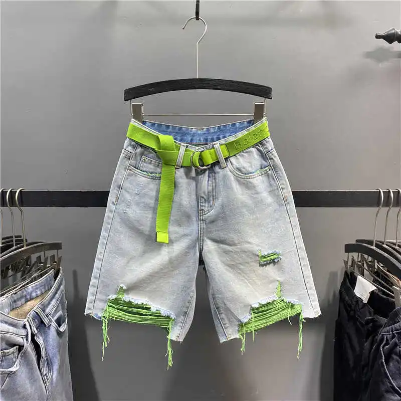 

Summer Women High-Waist Ripped Hole Denim Shorts Colorful Straight Leg Five-Quarter Streetwear Loose Casual Mid-Pants