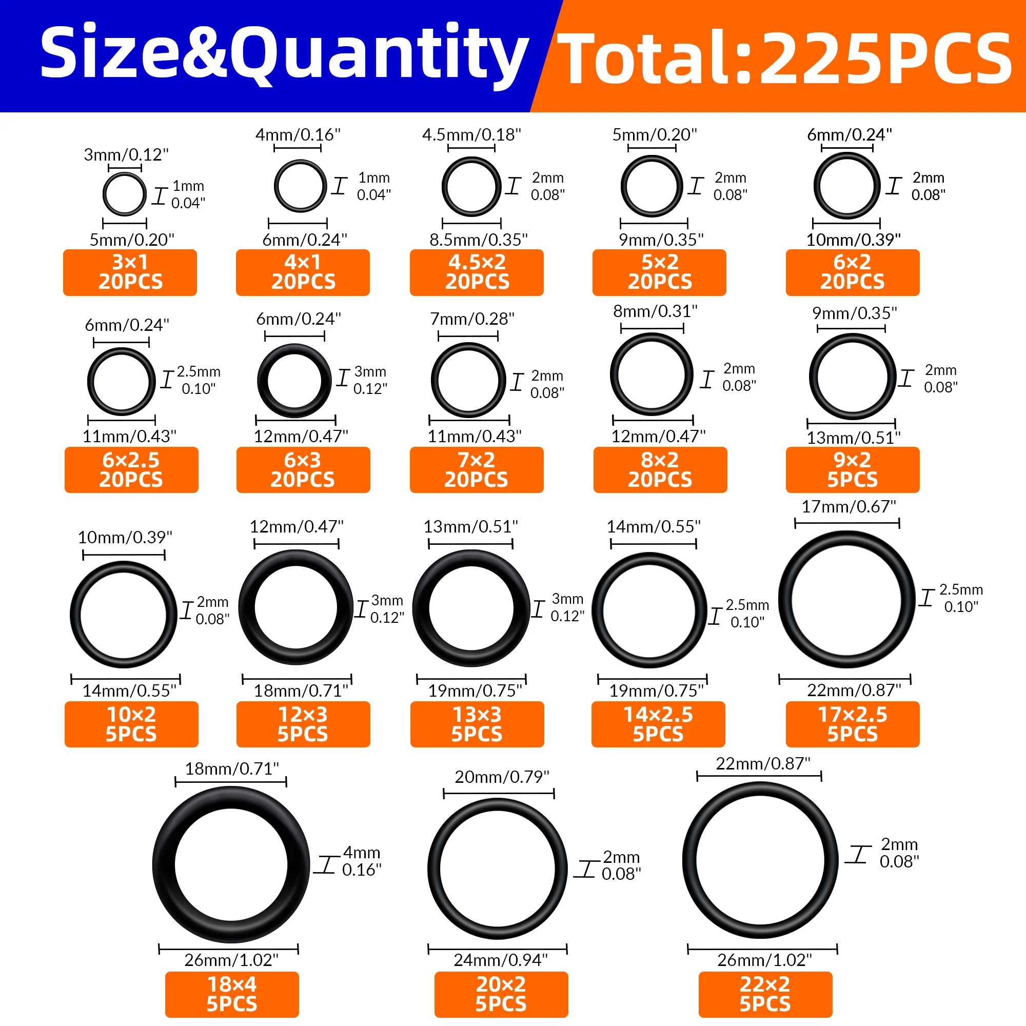 225pcs Rubber O Ring Set Gaskets Seal Nitrile Rubber Bands High Pressure O-Rings Repair Kit Sealing Elastic Band