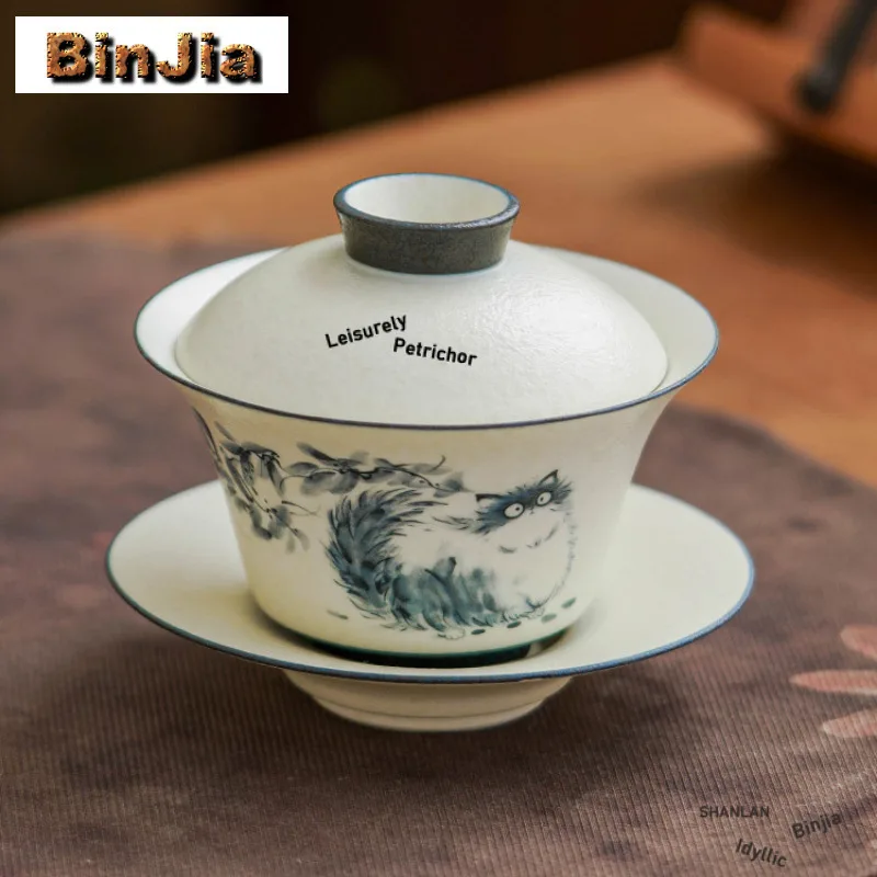 167ml Hand Painted Cat Gaiwan Creative Tea Tureen Tea Bowl With Lid Kit Tea Making Cover Bowl Tea Ceremony Supplies Collection