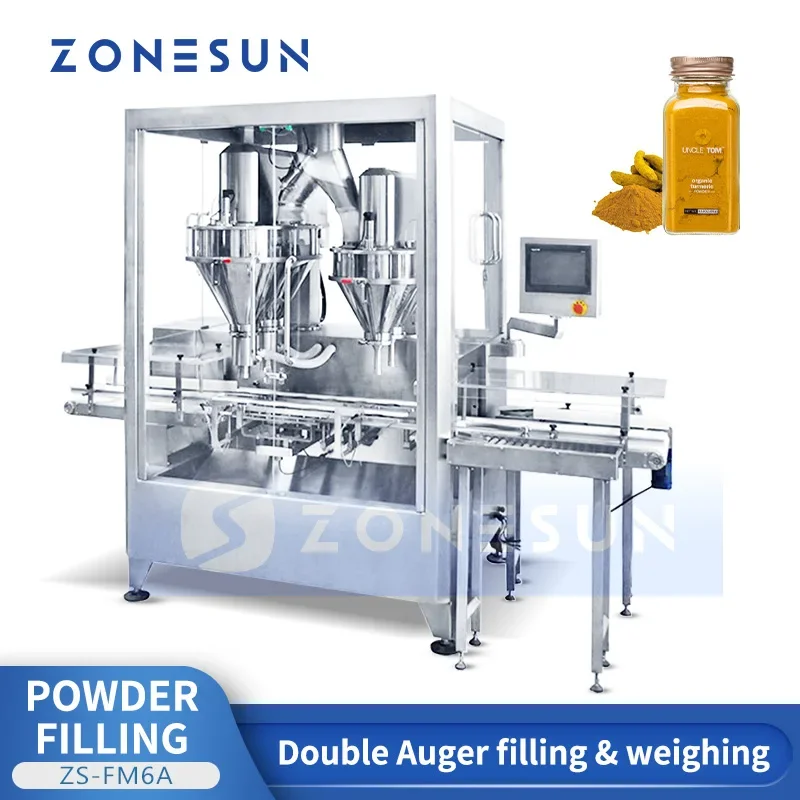 ZONESUN Riempitrice automatica per pesatura di polvere Riempitrice a doppio coclea Spezie Caffè Proteine Alimenti Attrezzature per imballaggio cosmetico ZS-FM6A