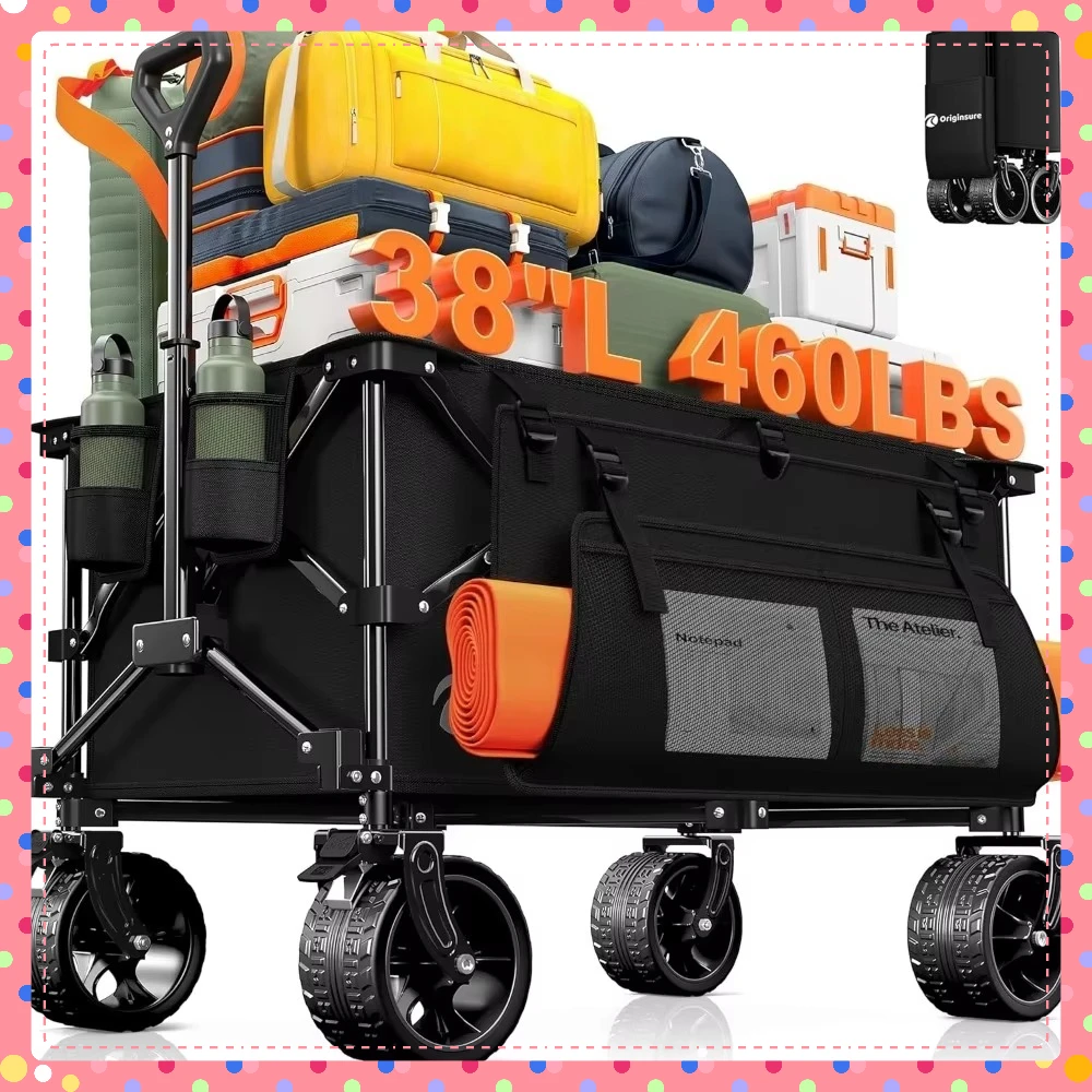 

All-Terrain Foldable Wagon, 460LB Capacity Black Cart with Big Wheels, Portable for Outdoor Adventures.
