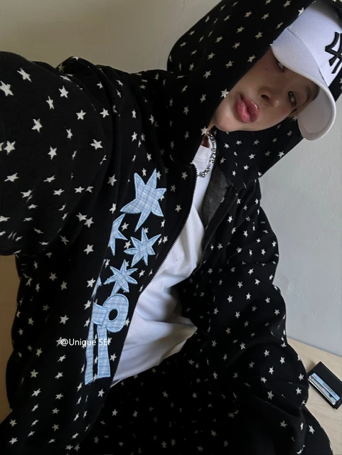 Loose Fit Hooded Sweatirt with Digital Patch Street Sle Star Polka Dot Print Two Piece Set Casual Comfortable ex Oute...