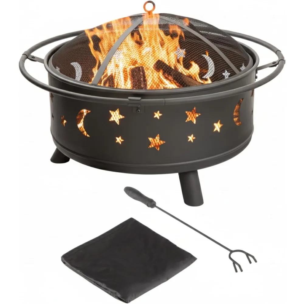 

32-Inch Wood-Burning Outdoor Fire Pit with Screen, Poker, and Cover for Backyard, Deck, or Patio