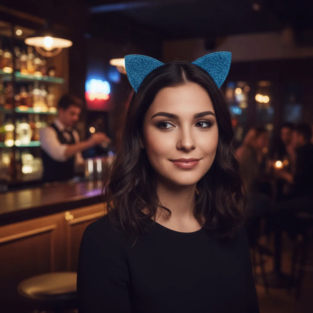 Shinny Halloween Cat Ear Headband Universal with Non-slip Buckle Cosplay Cat Ear Headpiece Fabric Wrapped Dress Up Head-wear
