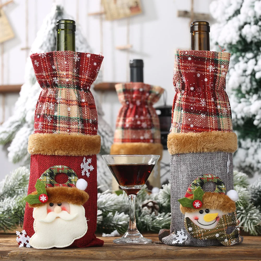 Christmas Decorations Wine Bottle Sets Plaid Linen Wine Bottle Decorations Plaid Wine Bottle Bags