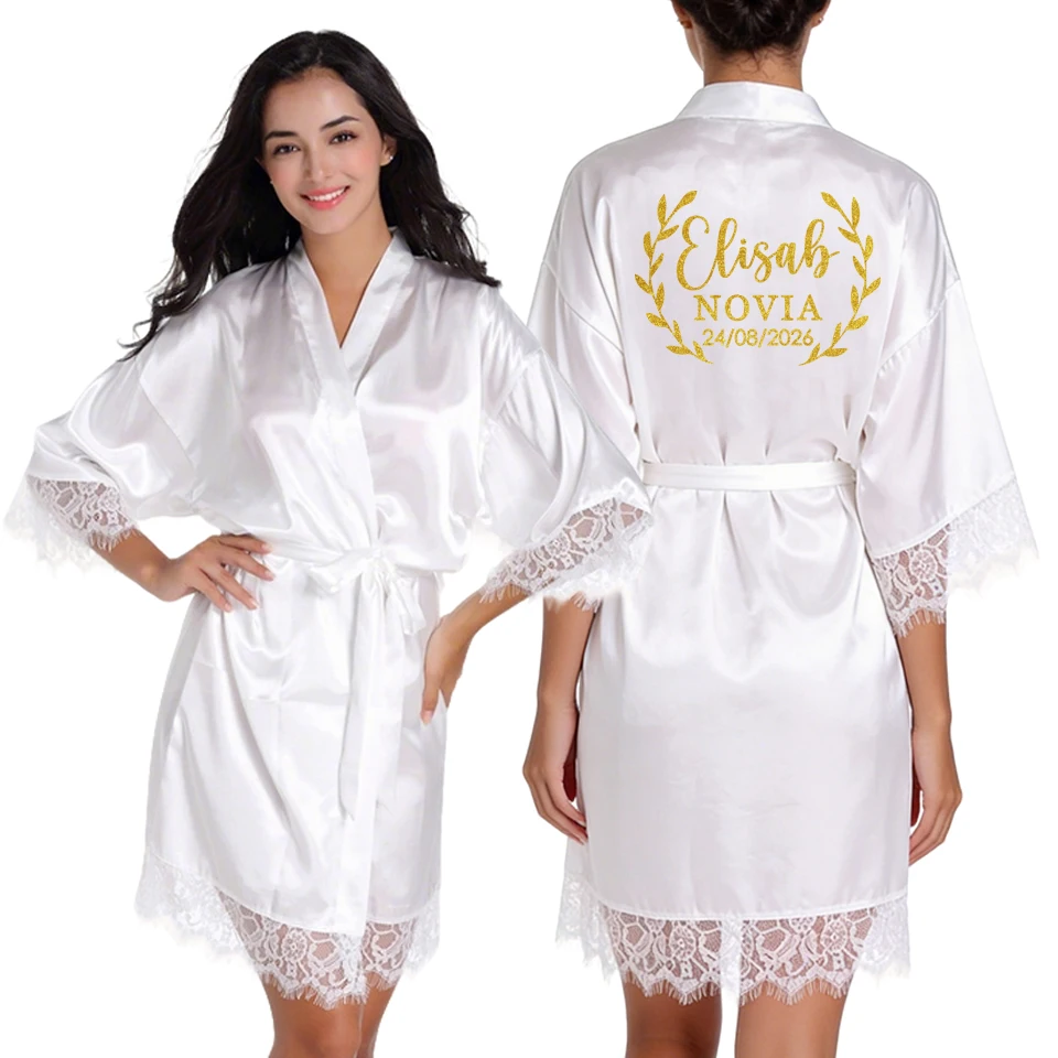 Personalized Name Logo Wedding Date Printed Robes Bridal Gift  Nightdress Bathrobe Kimono Gown Sleepwear Bride Set with Veil