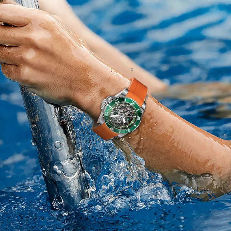 Роскошные мужские механические часы-скелетоны OBLVLO с резиновым ремешком и сапфировым стеклом, водонепроницаемые мужские часы для дайвинга 200 м