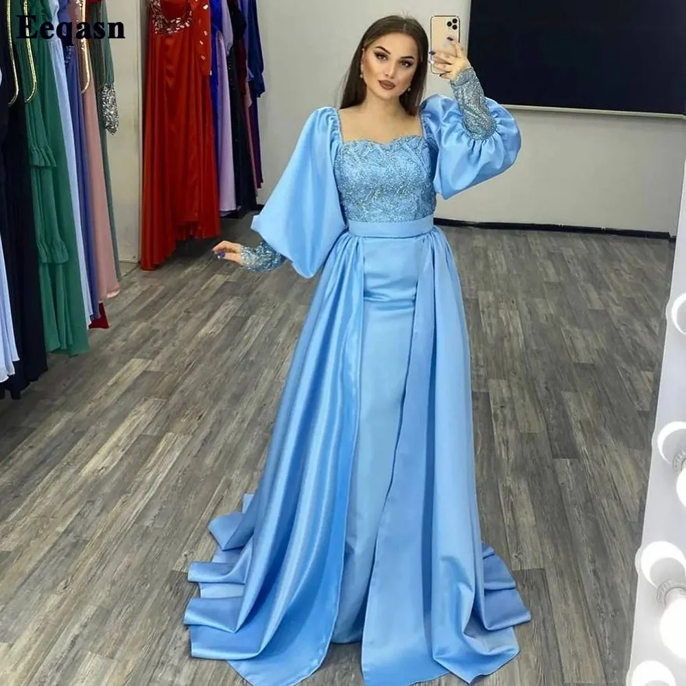 

2 Pieces Blue Sequines Formal Evening Dresses Overskirt Long Puff Sleeves Satin Women's Party Gowns Special Occasion Prom Dress