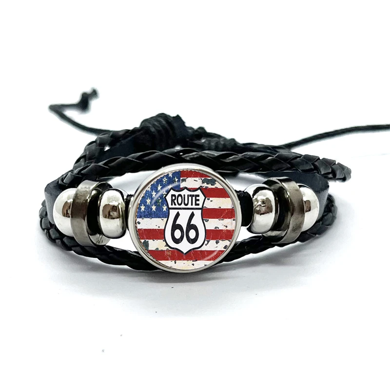 Old-fashion Signs US Route 66 Punk Bracelet Classic Retro Art Photo Glass Leather Bracelets Men Women Jewelry Gifts