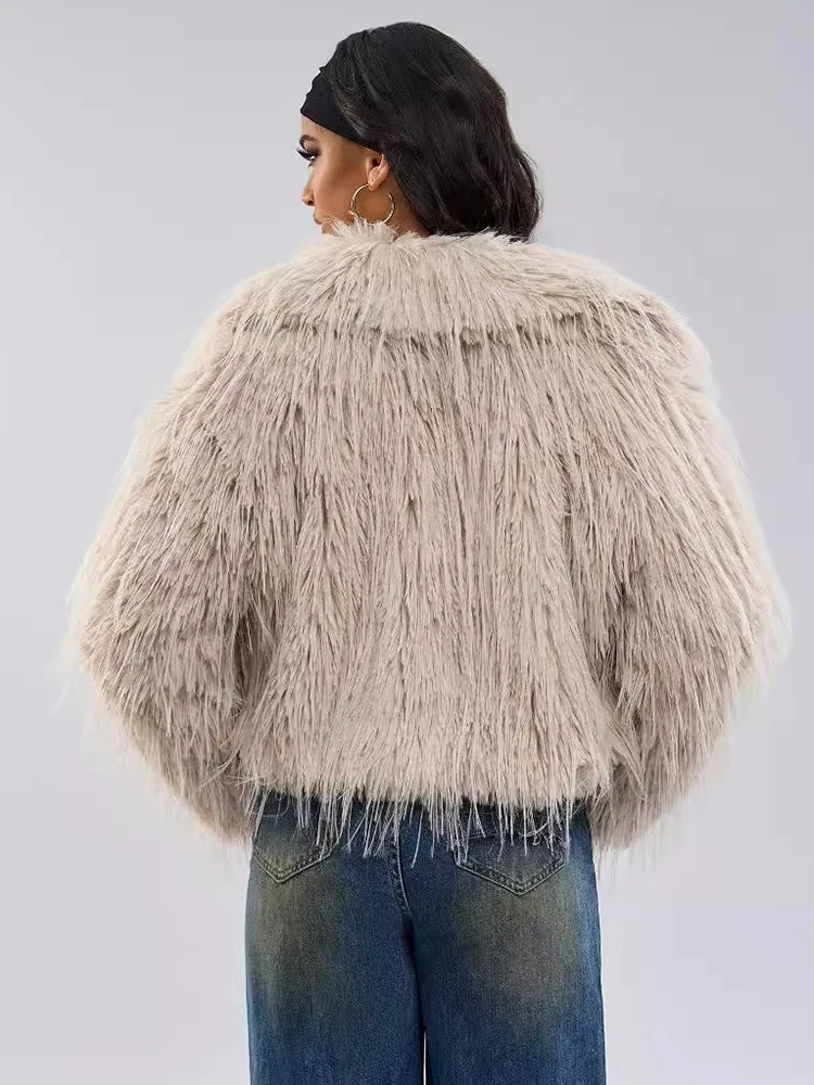 DEAT Fashion Women\'s Faux Fur Coat Lapel Long Sleeve Khaki Loose Thick Warm Short Fur Integrated Coat Winter 2024 New 7AB5114