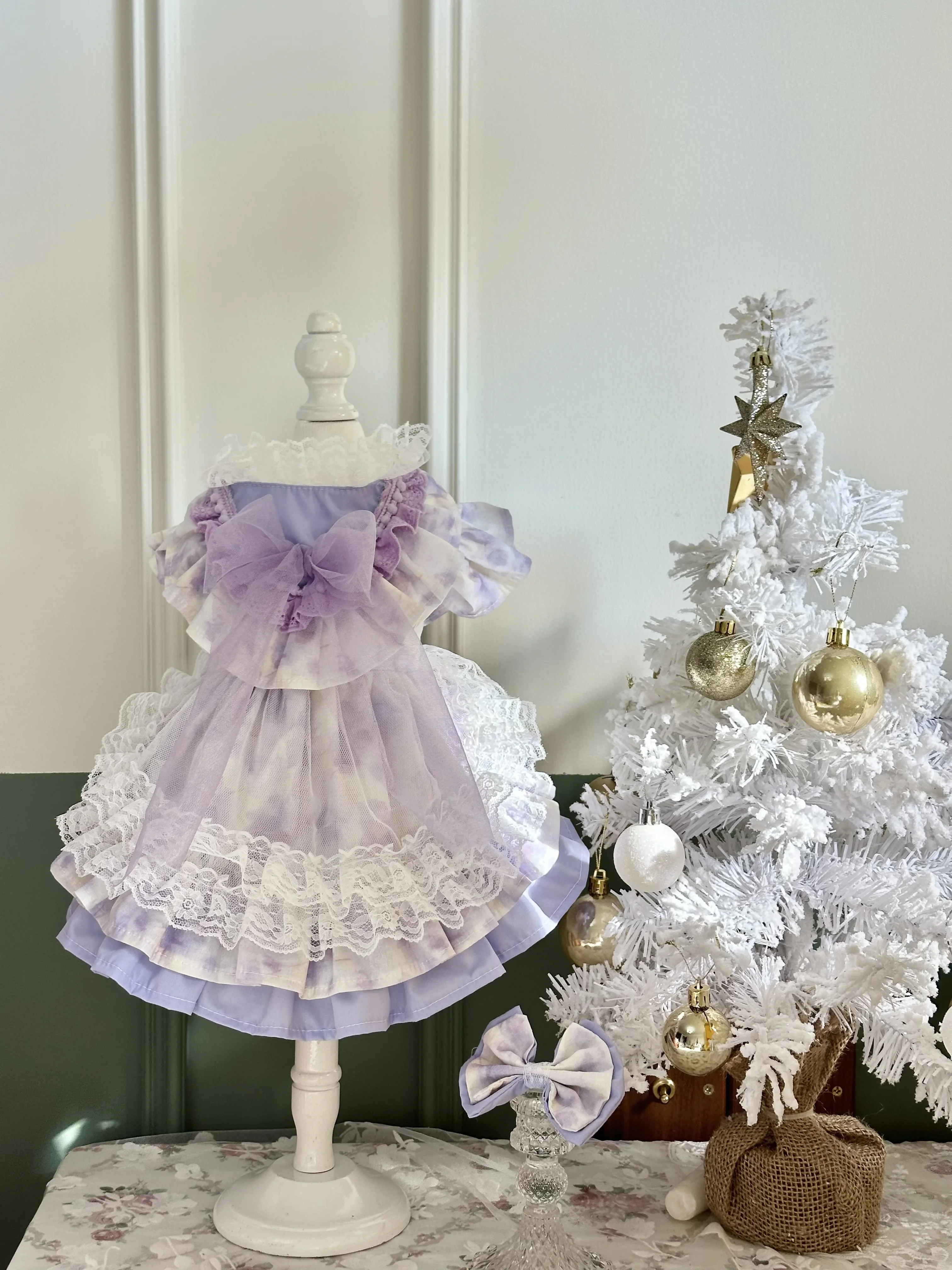 Korean Fashion Lace Purple Pet Dog Clothes Pure Cotton Handmade Big Bow Princess Dresses For Small Medium Dogs Poodle Chihuahua