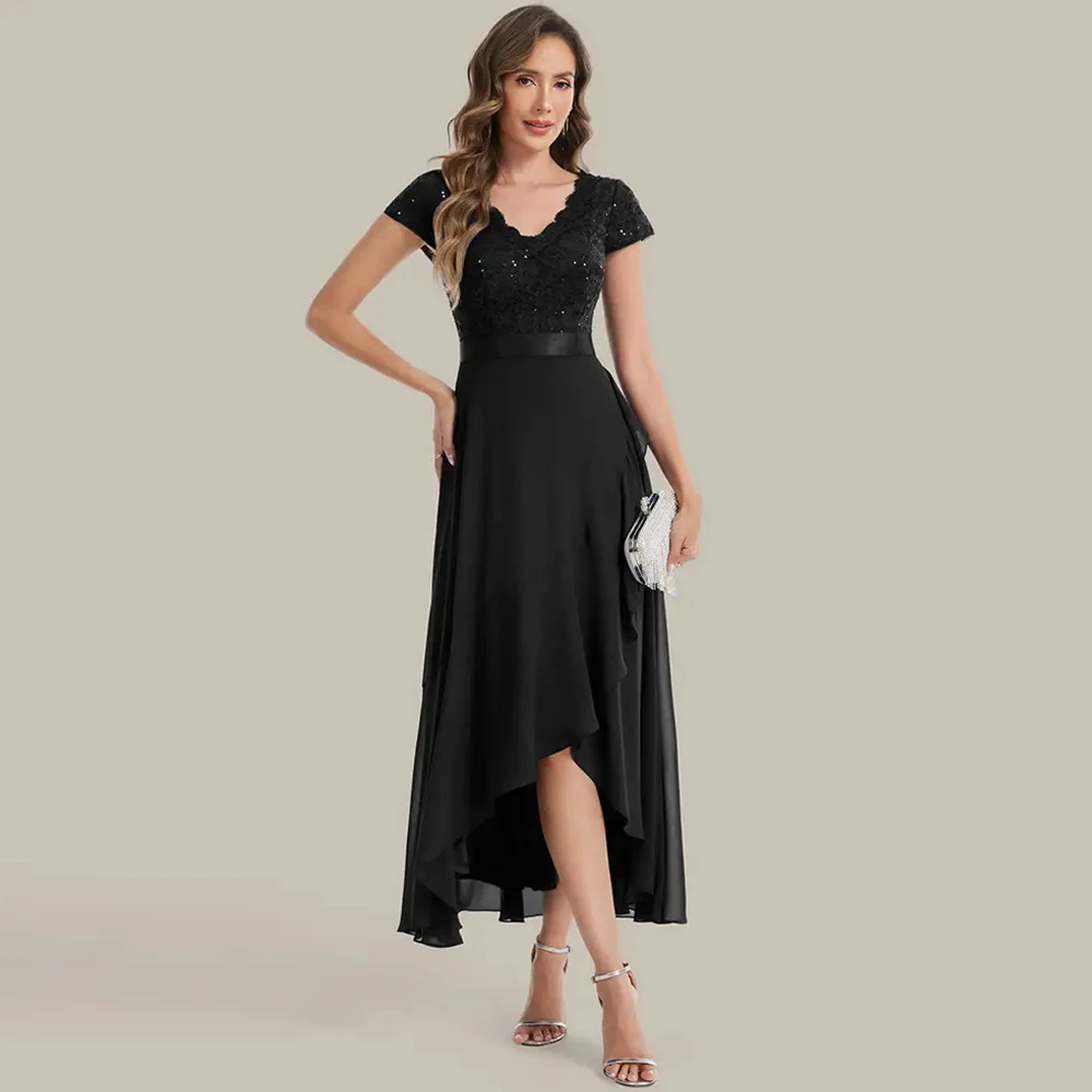 BAZIIINGAAA Party Dress Short Sleeve Deep V-Neck Ruffled Asymmetrical High-Low Evening Dresses
