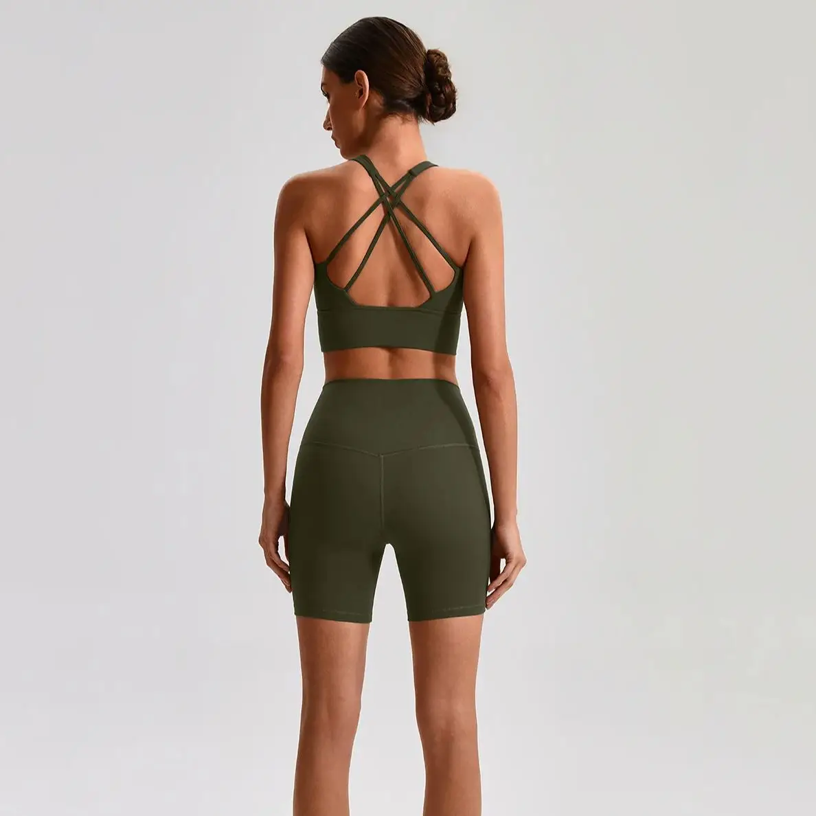 Solid Color Women Sports Suit High Waist Shorts Legging Fitness Bra 2pcs Short Legging Yoga Set Gym Workout Training Chest Pad