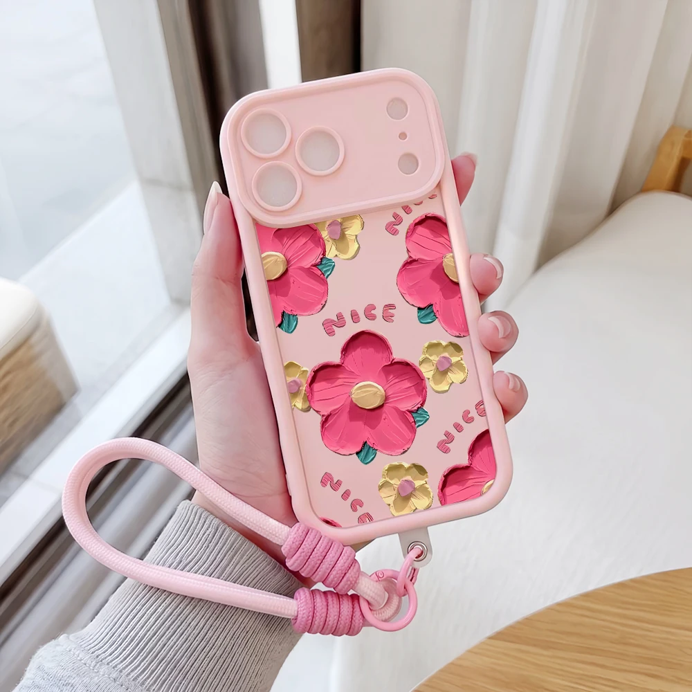 Ölgemälde Blumen Lanyard Handyhülle für iPhone 13 14 15 16 17 Pro Max 16 15 14 Pro Plus 17E Stoßfeste Matte Silikonhülle – Detail 1