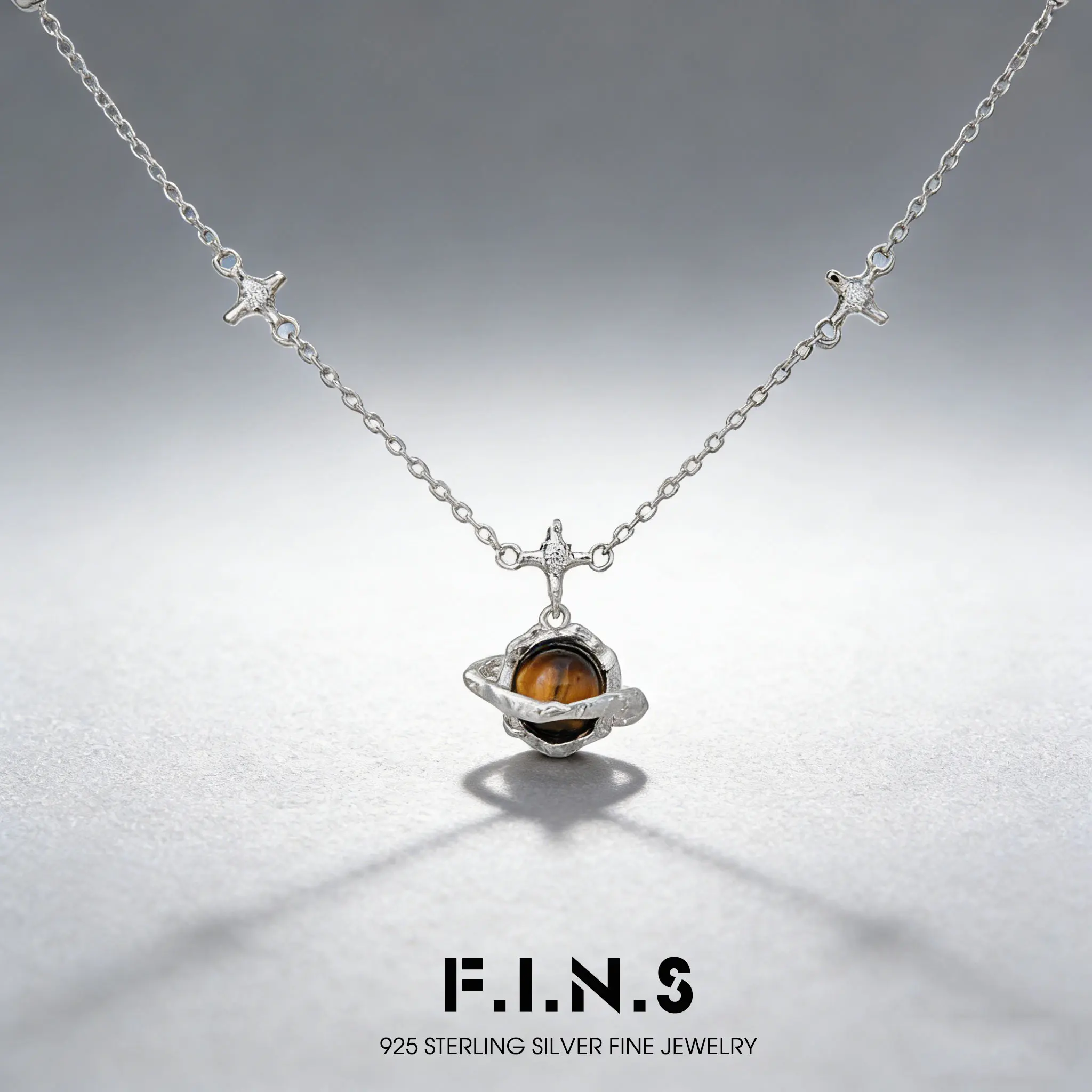 

F.I.N.S Statement S925 Sterling Silver Necklace Aesthetic Planet Pendant Tiger's Eye Stone Zircon Star Necklace Fine Jewelry