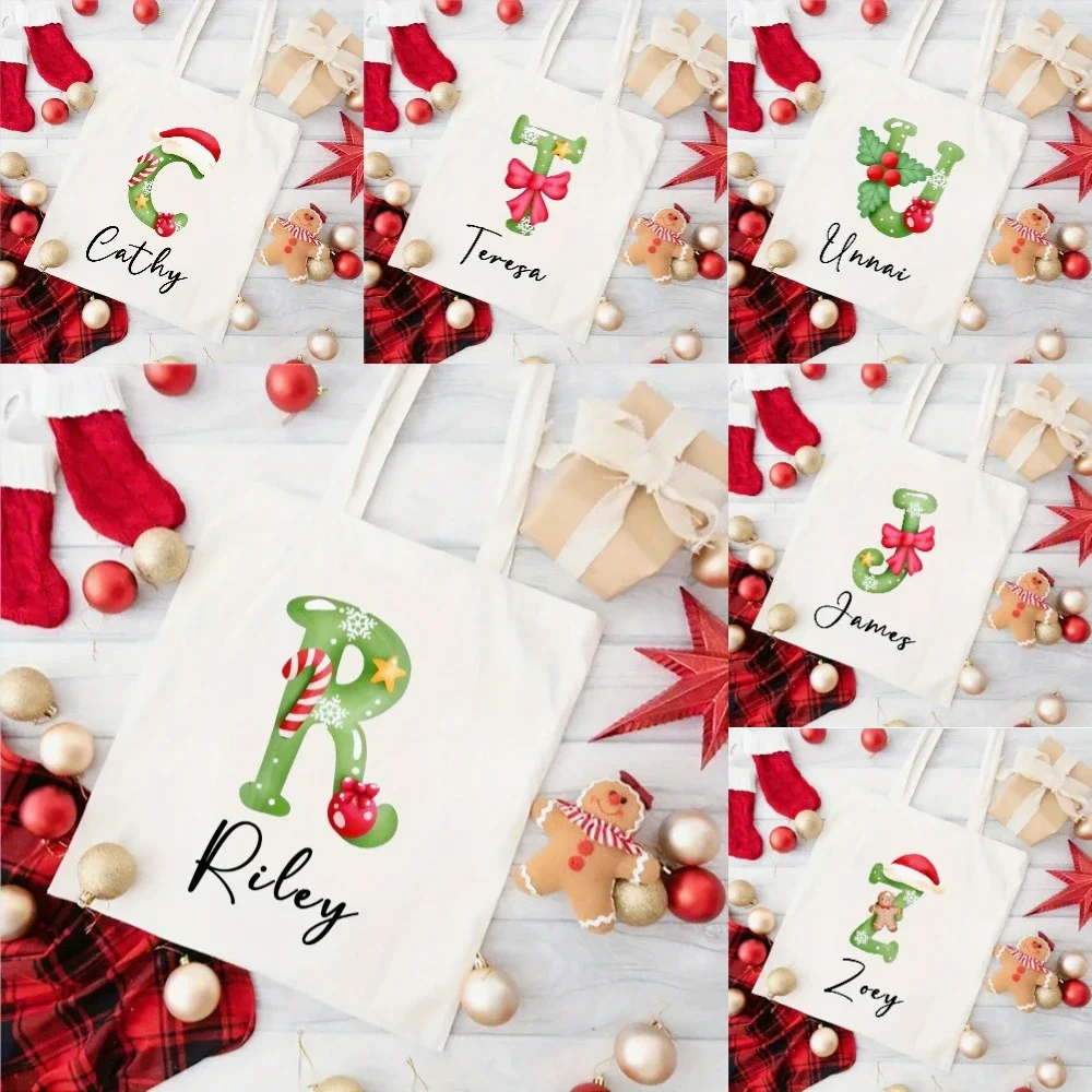 

Christmas A~Z Initial Personalized Canvas Tote Bag "Treat or Trick”Activity Kid's Handbag Commut Shopping Studying Holiday Use