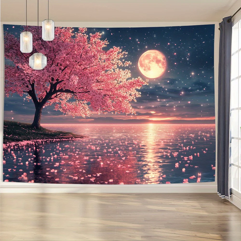 1 piece of peaceful cherry blossom and moon tapestry with starry sky and mountain view, a beautiful decoration for bedroom