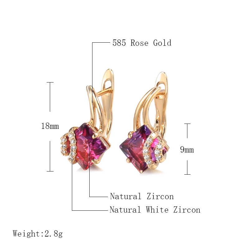 Personality Fuchsia Square Zircon Smooth Trendy Earrings 585 Rose Gold Color Luxury Wedding Jewelry Women Party Sexy Earrings