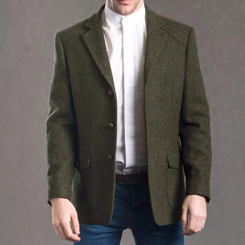 

Male Blazer Army Green Tweed Retro Tooling Waistcoat Jacket Tailored Collar Long Sleeve Herringbone Wool for Wedding Jacket 2022