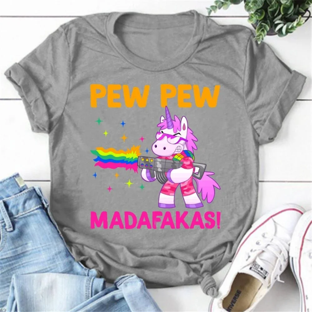 Cool Pew Pew Madafakas Print T-shirts For Women Summer Fashion Casual Short Sleeve Round Neck Tops Ladies T-shirt