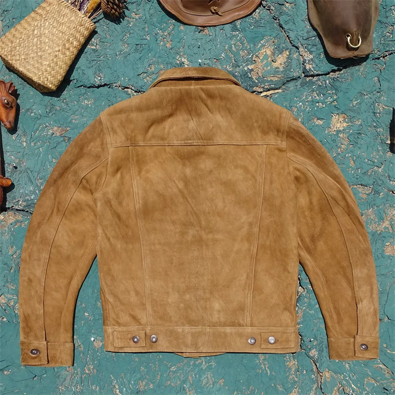 Japanese Version Third Generation Improved Denim Genuine Leather Jacket Men's Slim Fit Leather Coat Vintage Suede Thickened