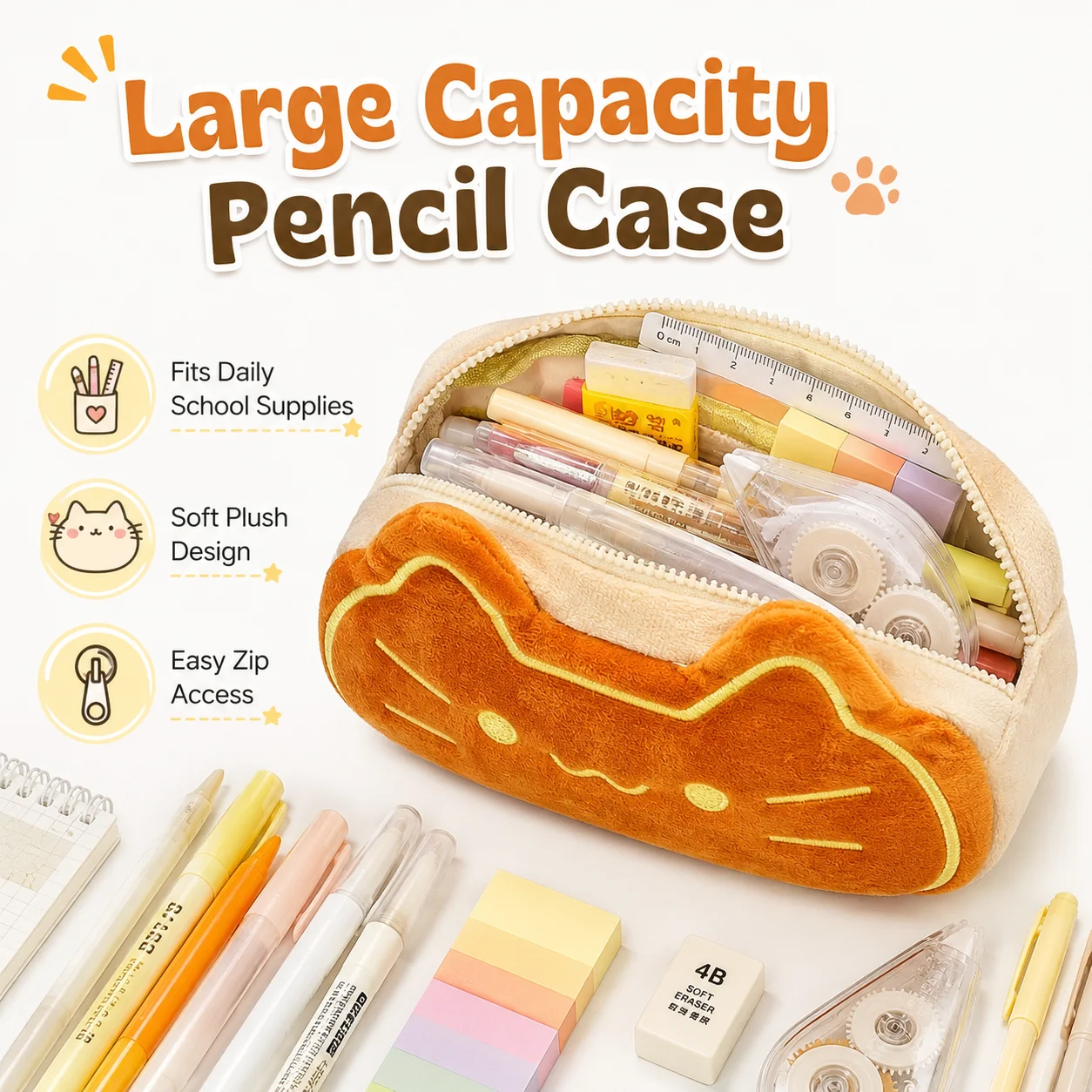 1pc Large Capacity Cute Cat Plush Pencil Case Cartoon Animal Zipper Pen Bag Soft Fluffy Stationery Storage Pouch Lovely School Supplies Organizer For Kids Girls Boys Students Travel