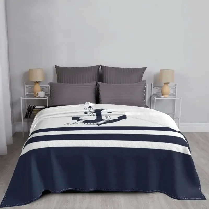 Ultra-Soft Fleece Nautical Blue Anchors With Blue And White Stripes Throw Blanket Flannel Sailing Sailor Blankets Bedspreads