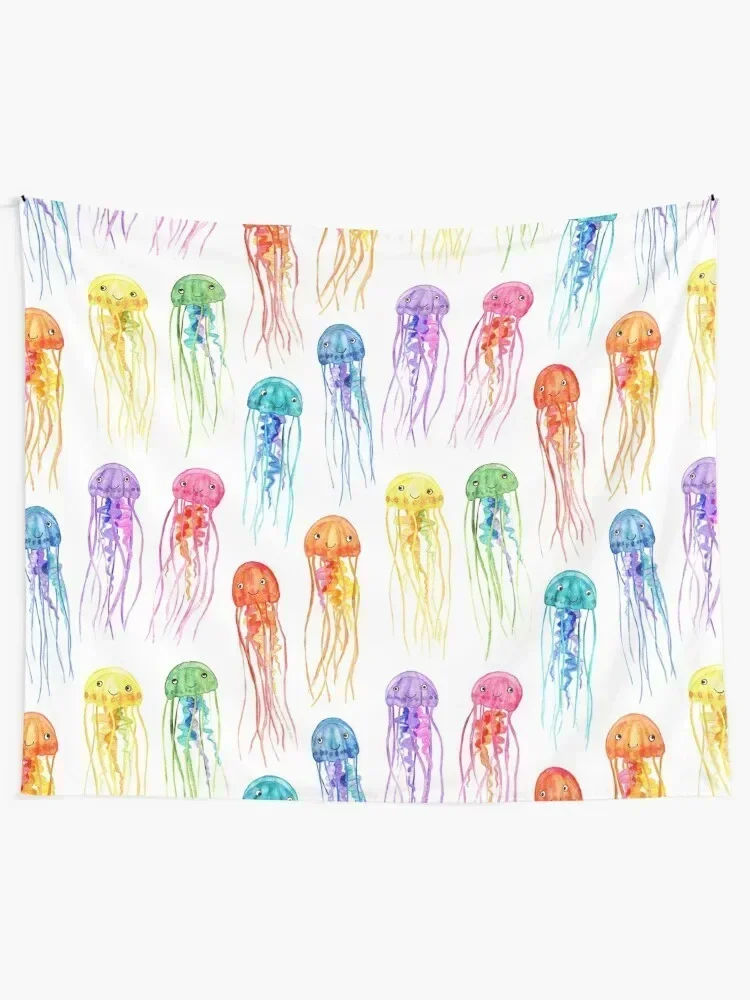 Rainbow Watercolor Jellies on White Tapestry Korean Room Decor Room Decorations Aesthetics Tapestry