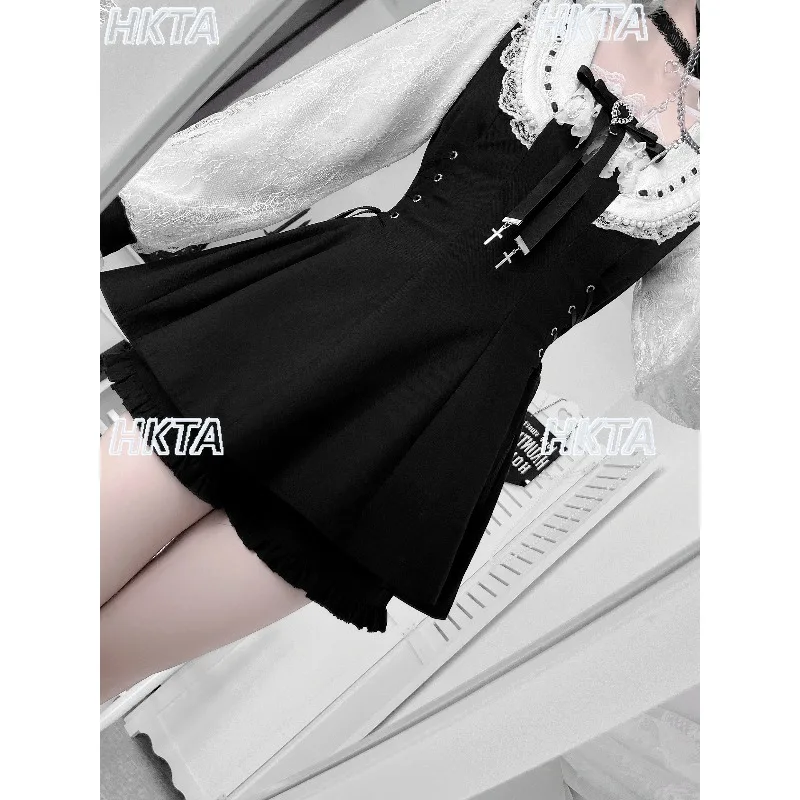 日本製大量生産スクエアネック長袖レースエッジボウラインストーン黒格子柄ドレスレースショーツロリータセット女性用