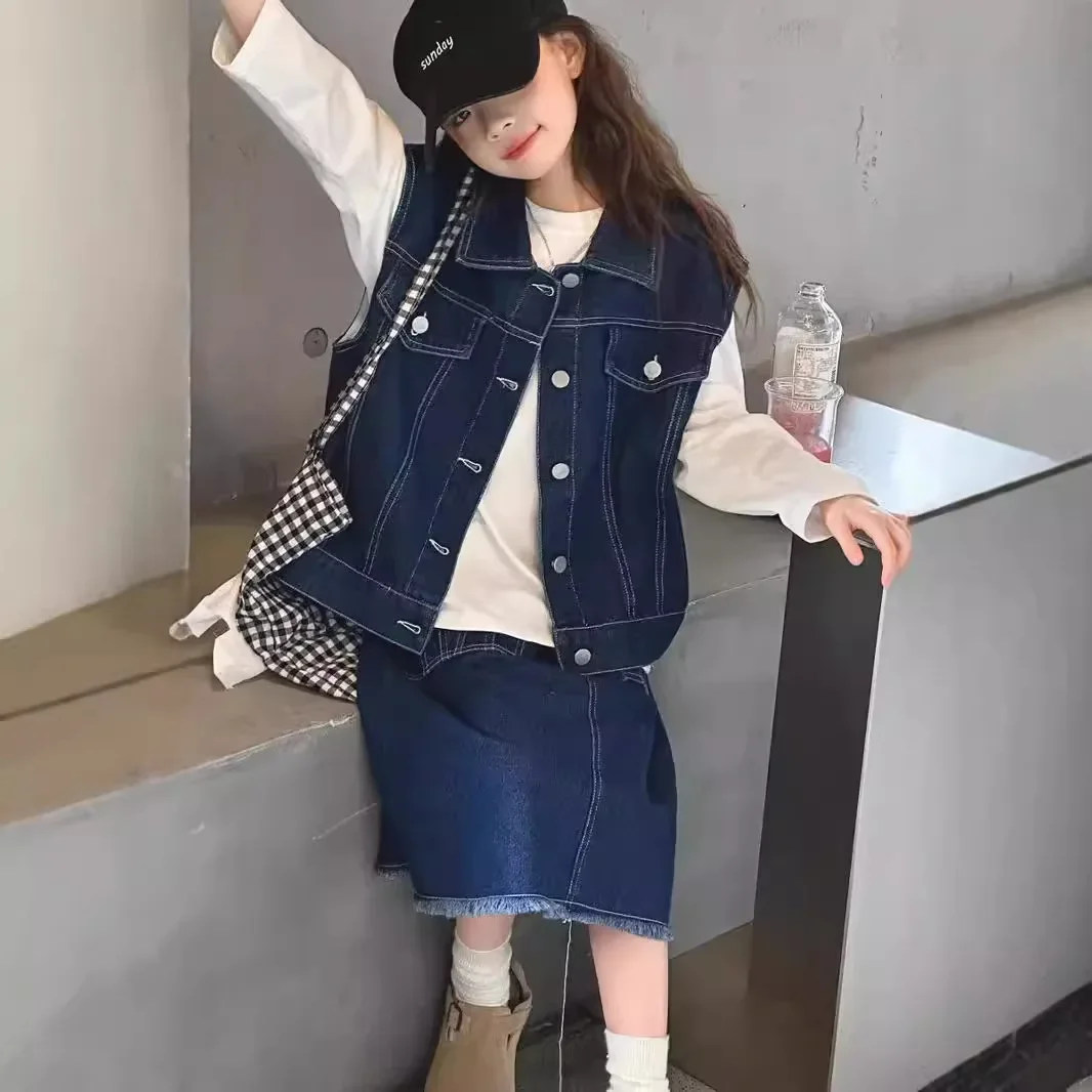 

Girls Autumn Set 2024 New Korean Casual Denim Waistcoat Skirt Short Sleeve Three-piece Set Korean Simple Style Fashion Clothes