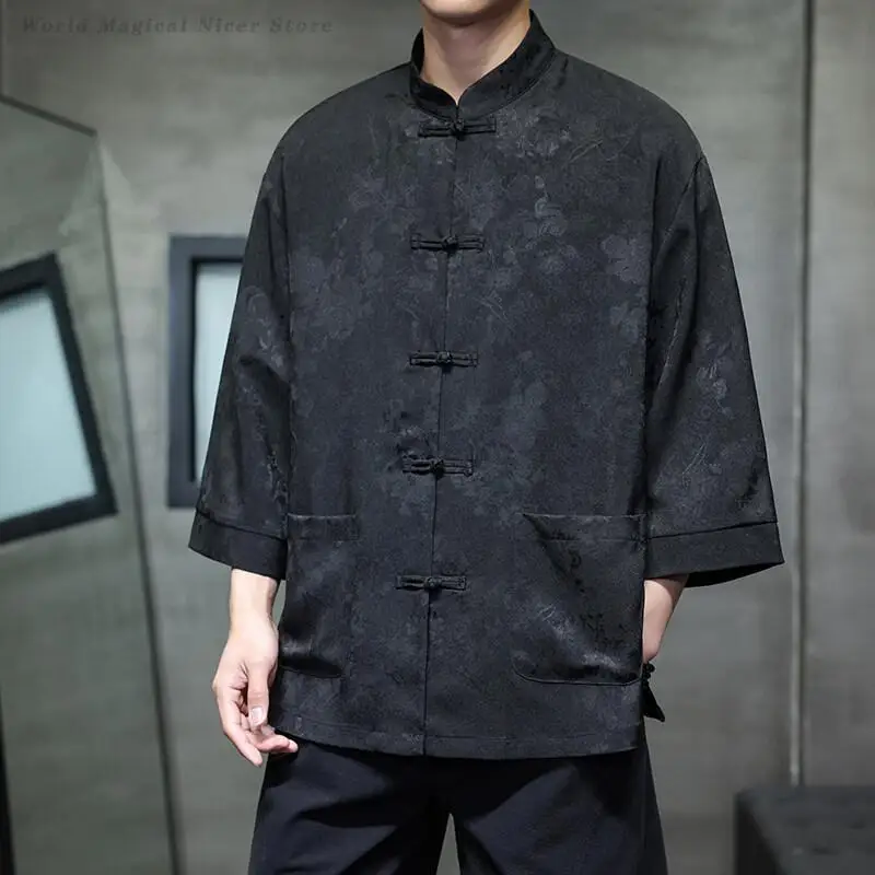 Oversize 5XL Tang Clothes Chinese Style Top Men Short Sleeve Hanfu Shirt Vintage Button Kung Fu Jacket Jacquard Coats Outwear
